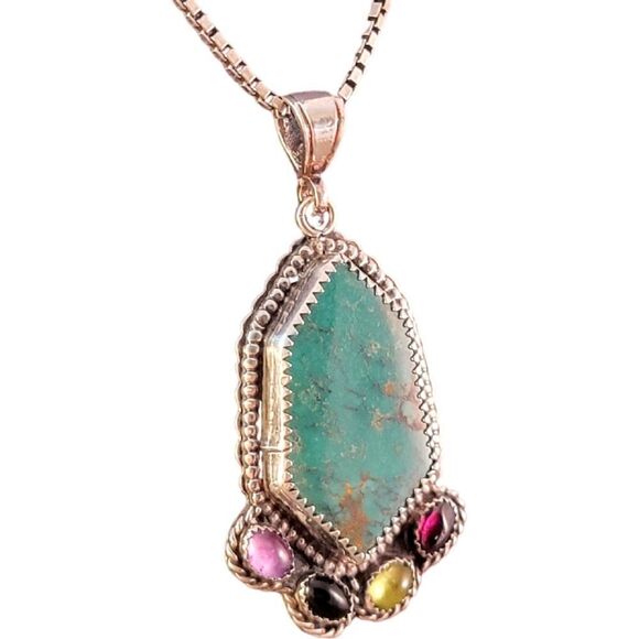 Vintage Sterling Freeform Turquoise & Gemstone Cab Accent Pendant Necklace - Picture 3 of 8